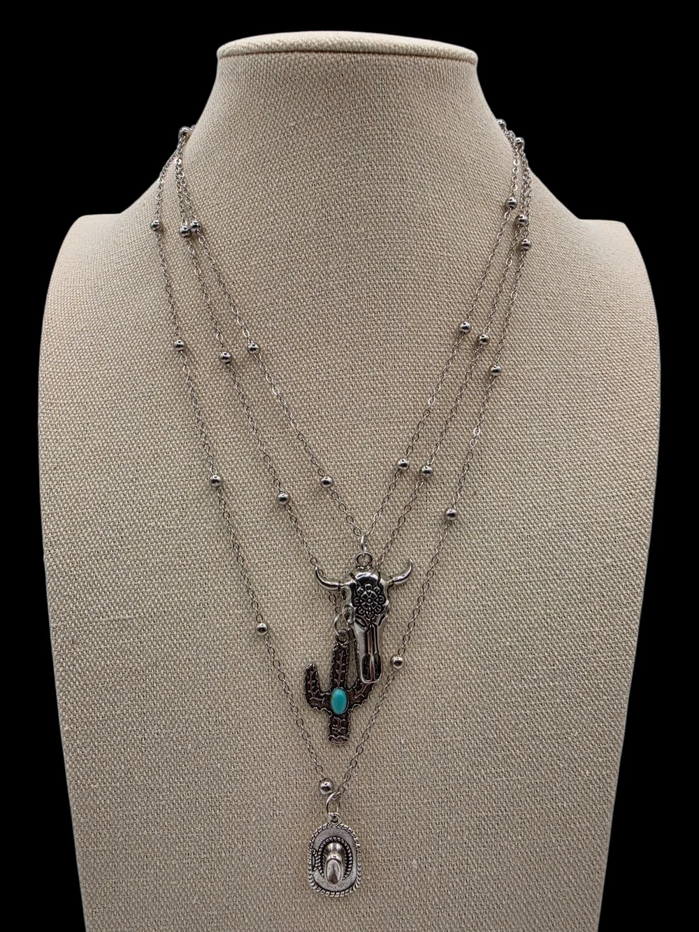 ✨ Silver-Tone Layered Western Pendant Necklace Set Boho Cowgirl ✨